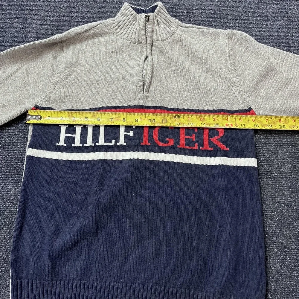 Tommy Hilfiger Sweater Youth Large‎ 16/18 Gray Navy Half Zip Pullover Spell Out